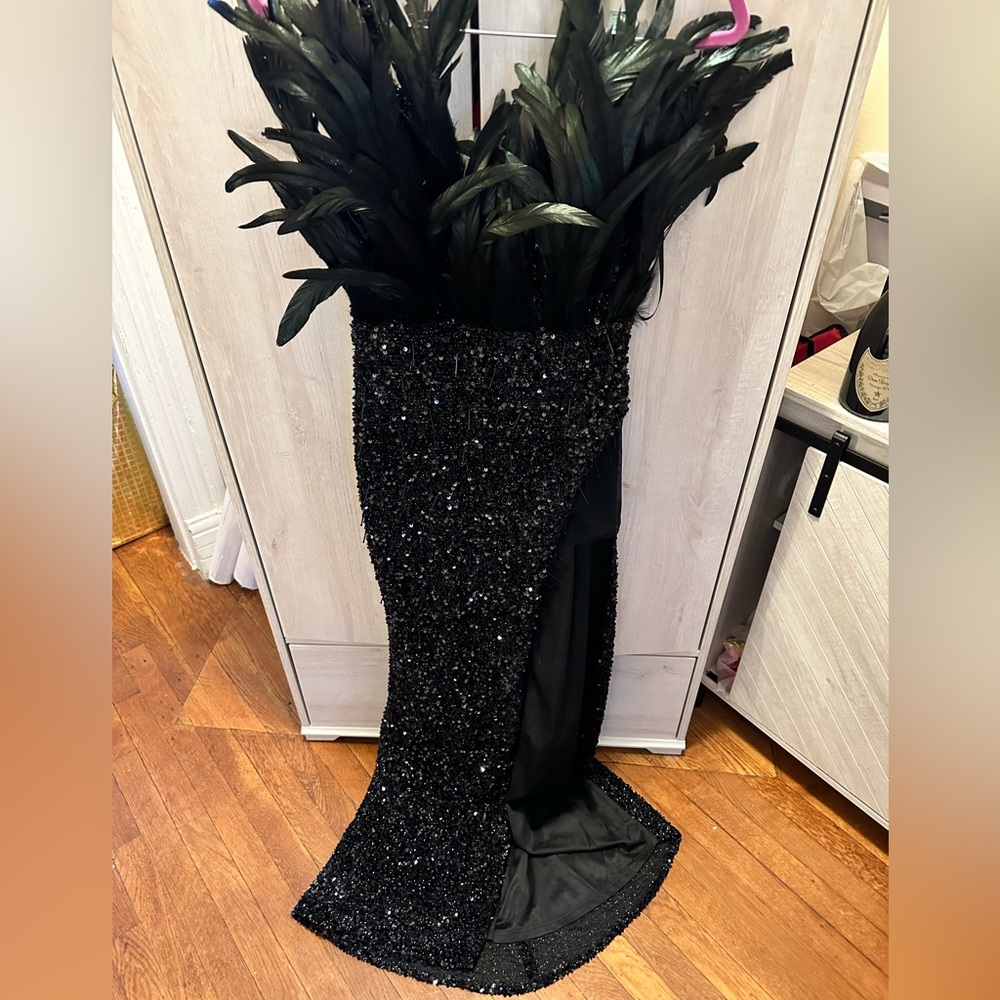 **Special Event / Photoshoot Glam** Black Feather Sequin Thigh Split Maxi Dress